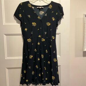Navy Button Front Dress With Yellow Floral Print